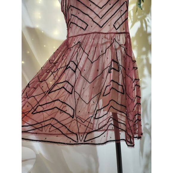 Free People Sheer Mesh Beaded Mini Embellished Slip Dress In Plum Size S Flapper - Picture 8 of 15